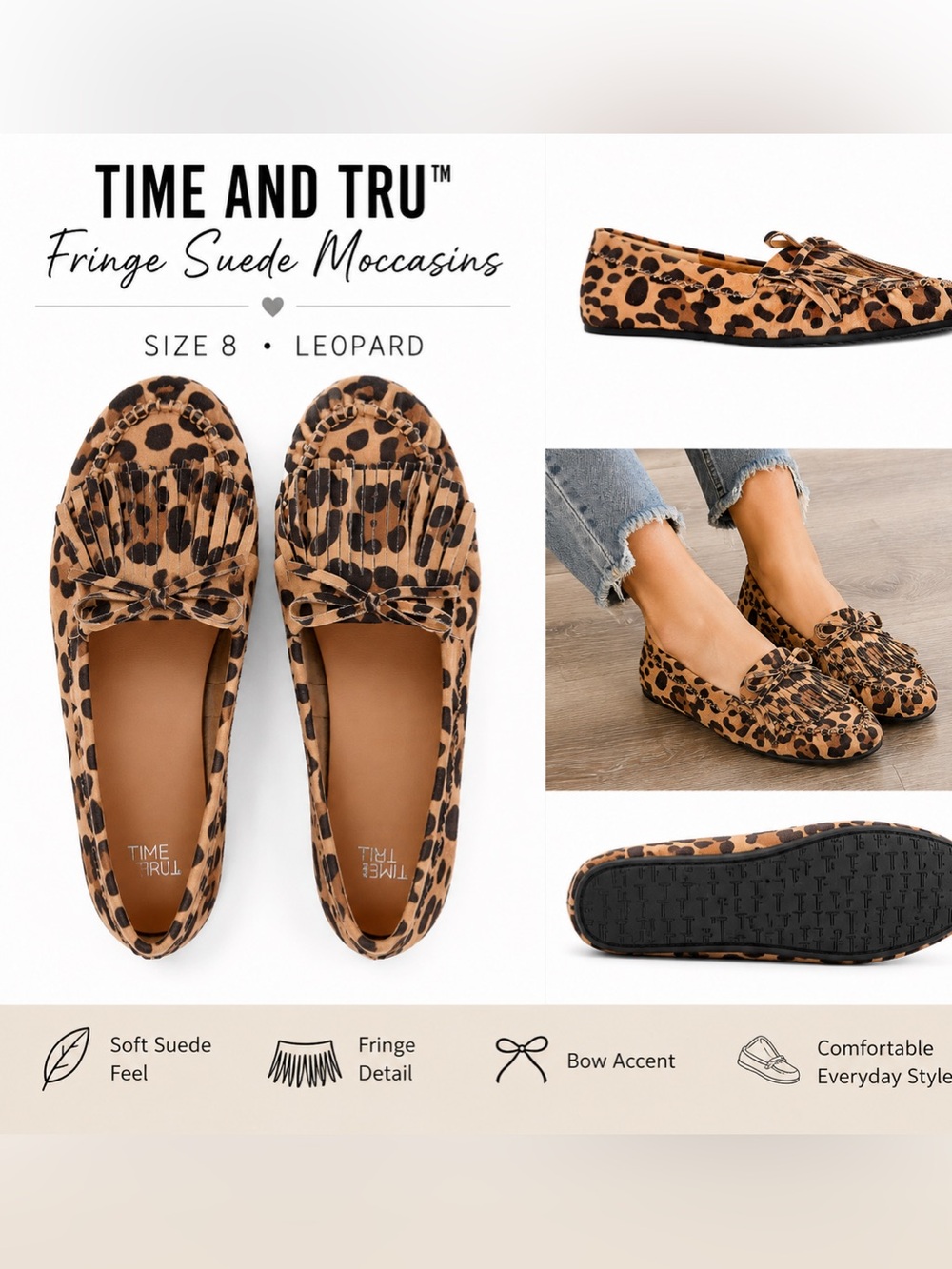 NWT Time and Tru Leopard Print Suede Moccasins in Tan and Black